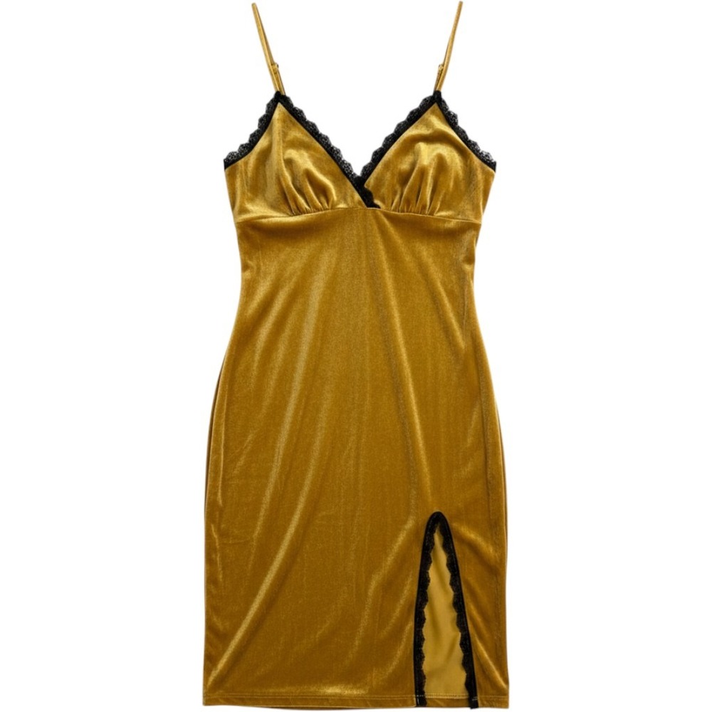 Y2K Grunge Velvet Lace Trim Slip Dress Gold Mustard Yellow Mini Bodycon Medium